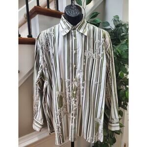 Quay-West Men's White & Green Cotton Collared Long Sleeve Button Down Shirt XL
